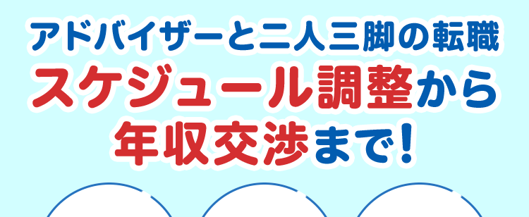 アドバイザーと二人三脚の転職
スケジュール調整から
年収交渉まで!
職務経歴書の
面接の
年収の交渉
書類添削
進行管理
スケジュールの調整や管理も全て任せられて
在職中でも無理なく進められた。